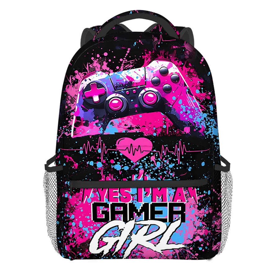 A vibrant pink and black cartoon game controller backpack featuring a heartbeat line and the text YES I'M A GAMER GIRL