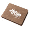 A brown PU leather wallet featuring a white cartoon print of the word Write and dice.