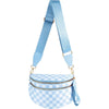 Light blue checkered crossbody sling bag with an adjustable strap