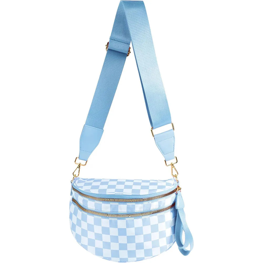 Light blue checkered crossbody sling bag with an adjustable strap