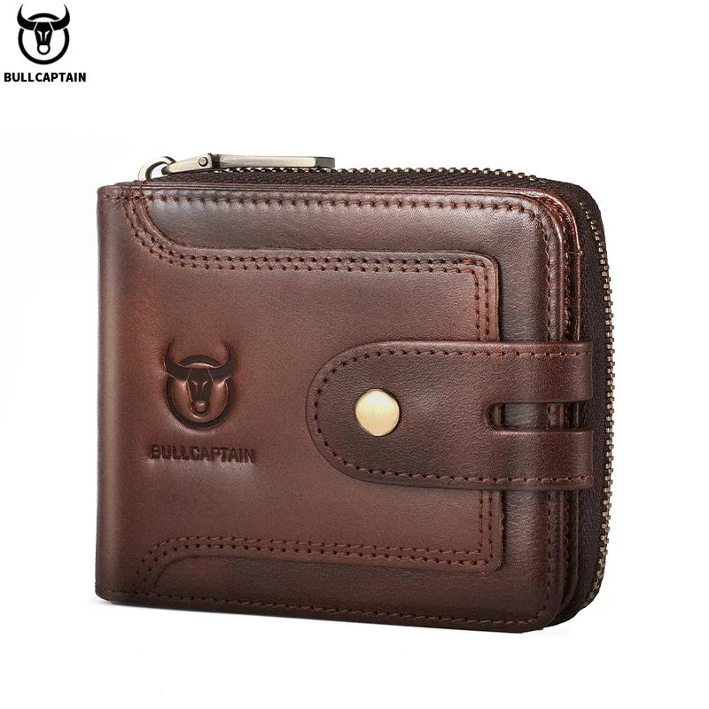 A brown genuine leather wallet with a stitched design and a gold-colored snap closure.