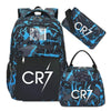 A black and blue patterned sports laptop backpack with a separate rain cover.