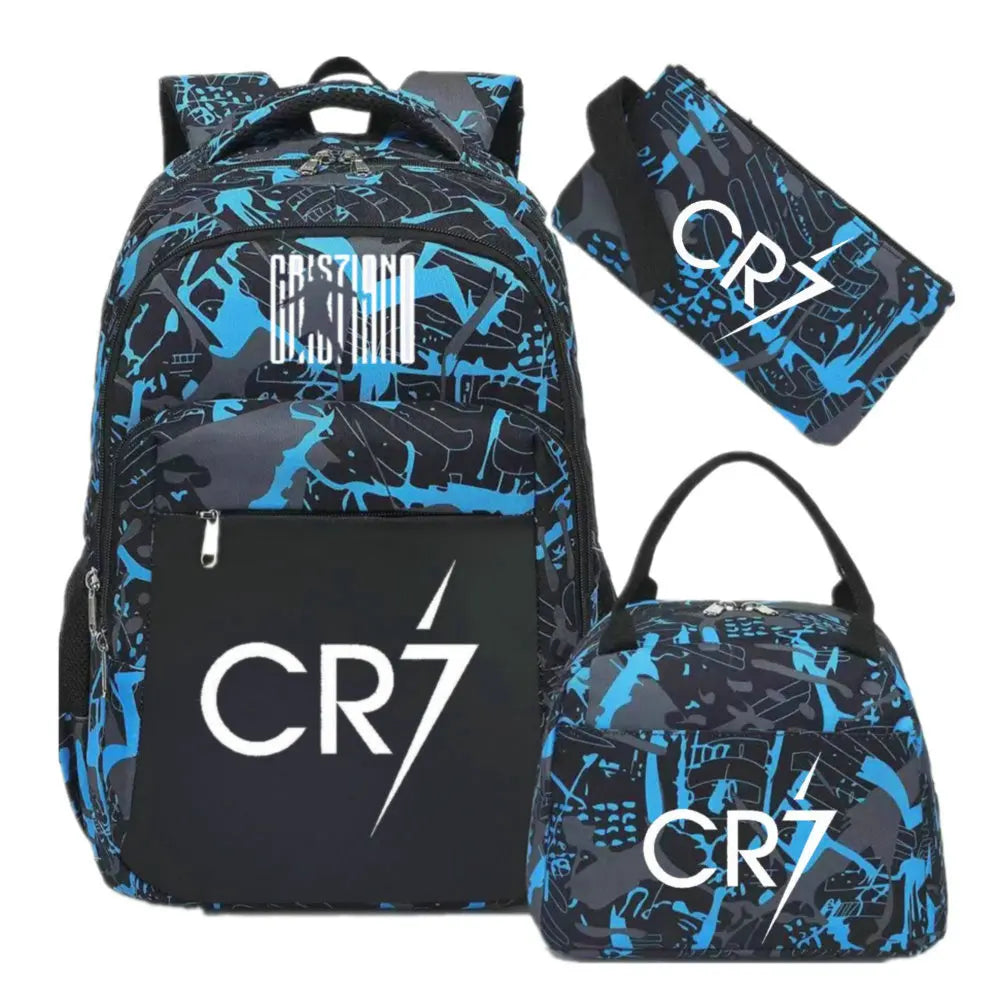 A black and blue patterned sports laptop backpack with a separate rain cover.