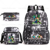 A black backpack featuring Minecraft themed graphics and a matching pouch.