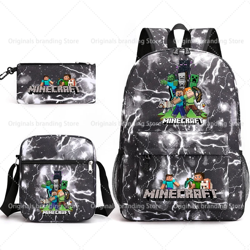 A black backpack featuring Minecraft themed graphics and a matching pouch.