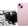 A pink smartphone is shown next to a black bat print PU leather wallet.