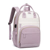 A light purple and white women's fashion laptop backpack with adjustable straps.