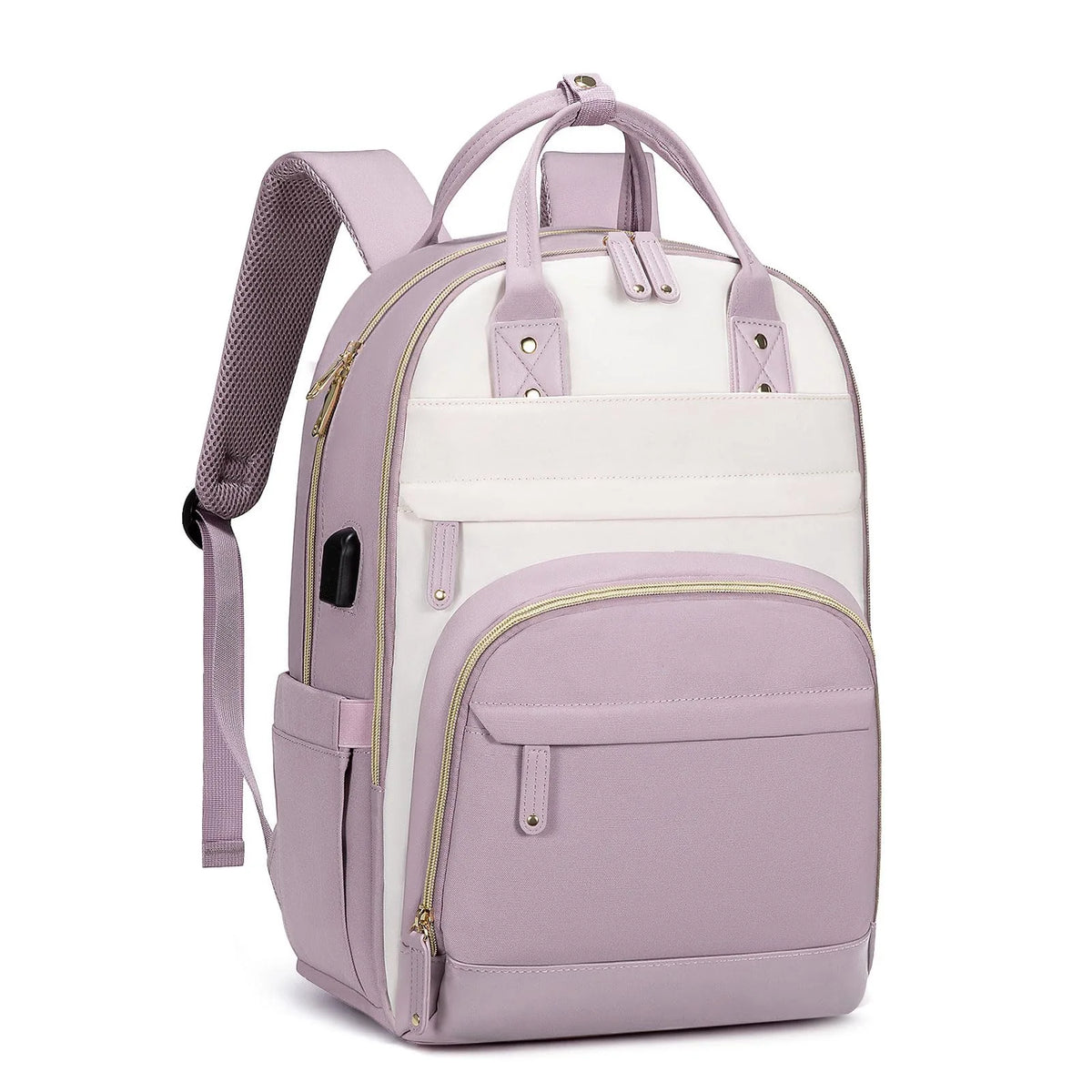 A light purple and white women's fashion laptop backpack with adjustable straps.