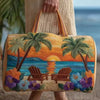 A quilted travel duffel bag featuring an orange sunset and tropical palm leaves against a blue ocean background.