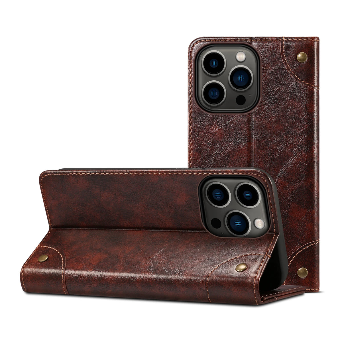 A dark brown leather magnetic flip case with a card holder and multiple camera lenses.