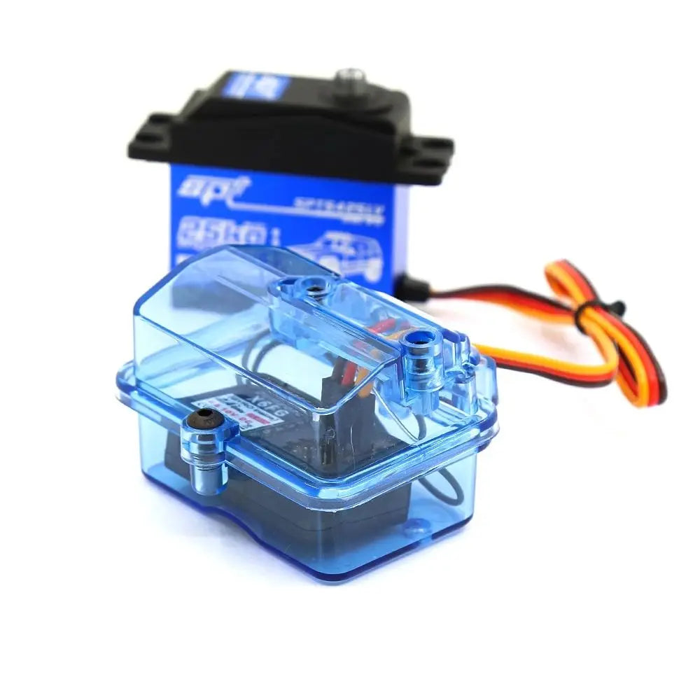 A clear plastic waterproof receiver protection box with black mounting hardware and orange wires.