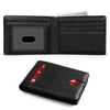Black men's slim bi-fold leather wallet with RFID protection features shown in two views.