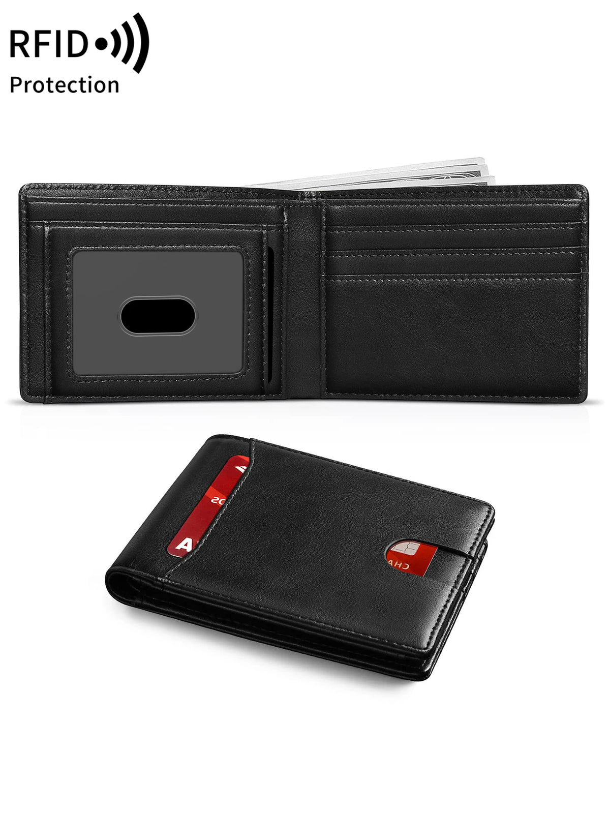 Black men's slim bi-fold leather wallet with RFID protection features shown in two views.