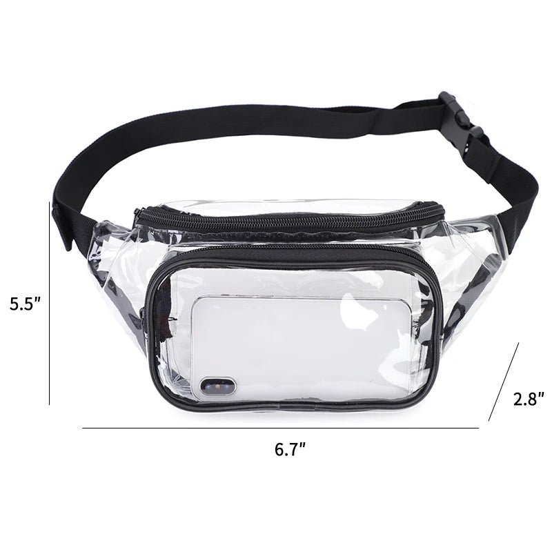 Clear PVC waist bag with a black adjustable strap shown from the top view.