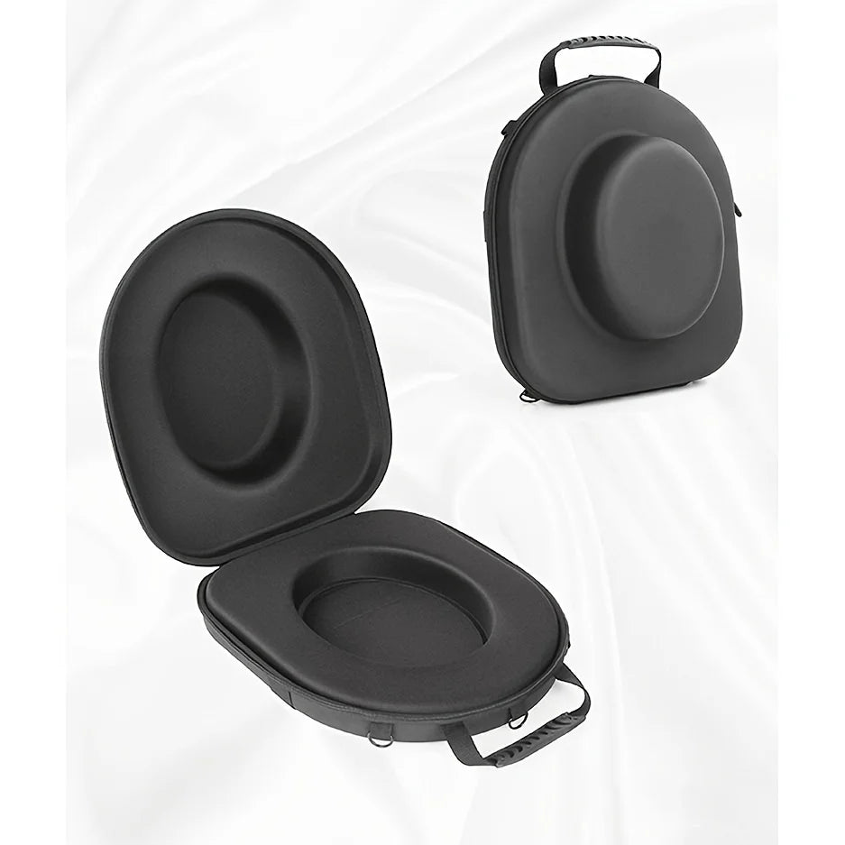 A black durable EVA hard shell hat case shown in an open and closed view.