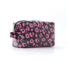 A black cosmetic bag with a pink leopard print pattern.