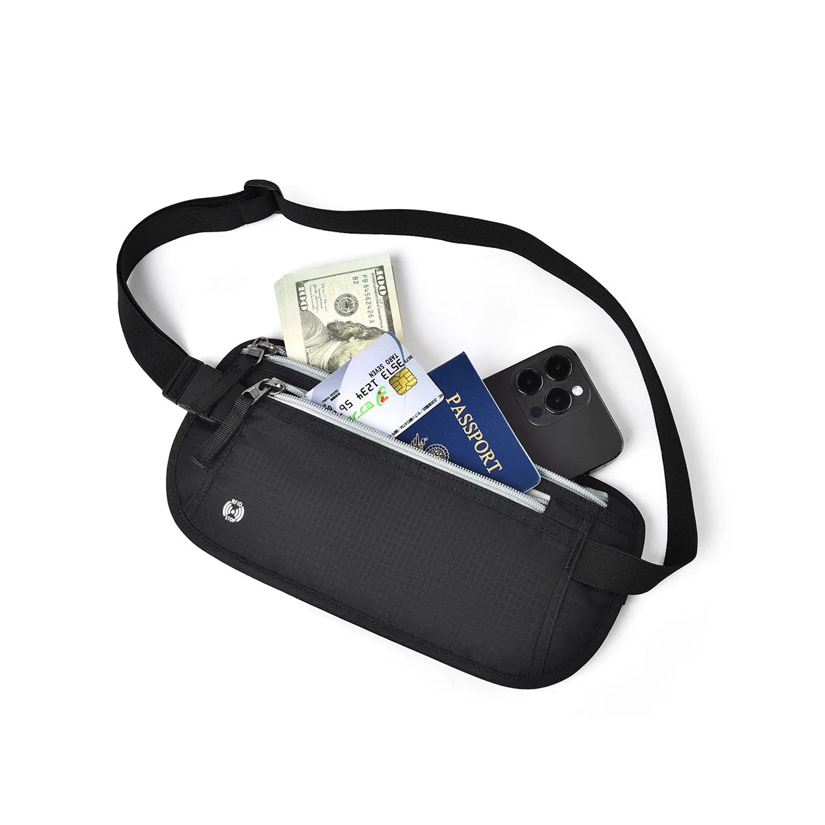 Bolsa delgada negra para bloquear RFID que contiene pasaporte y efectivo.