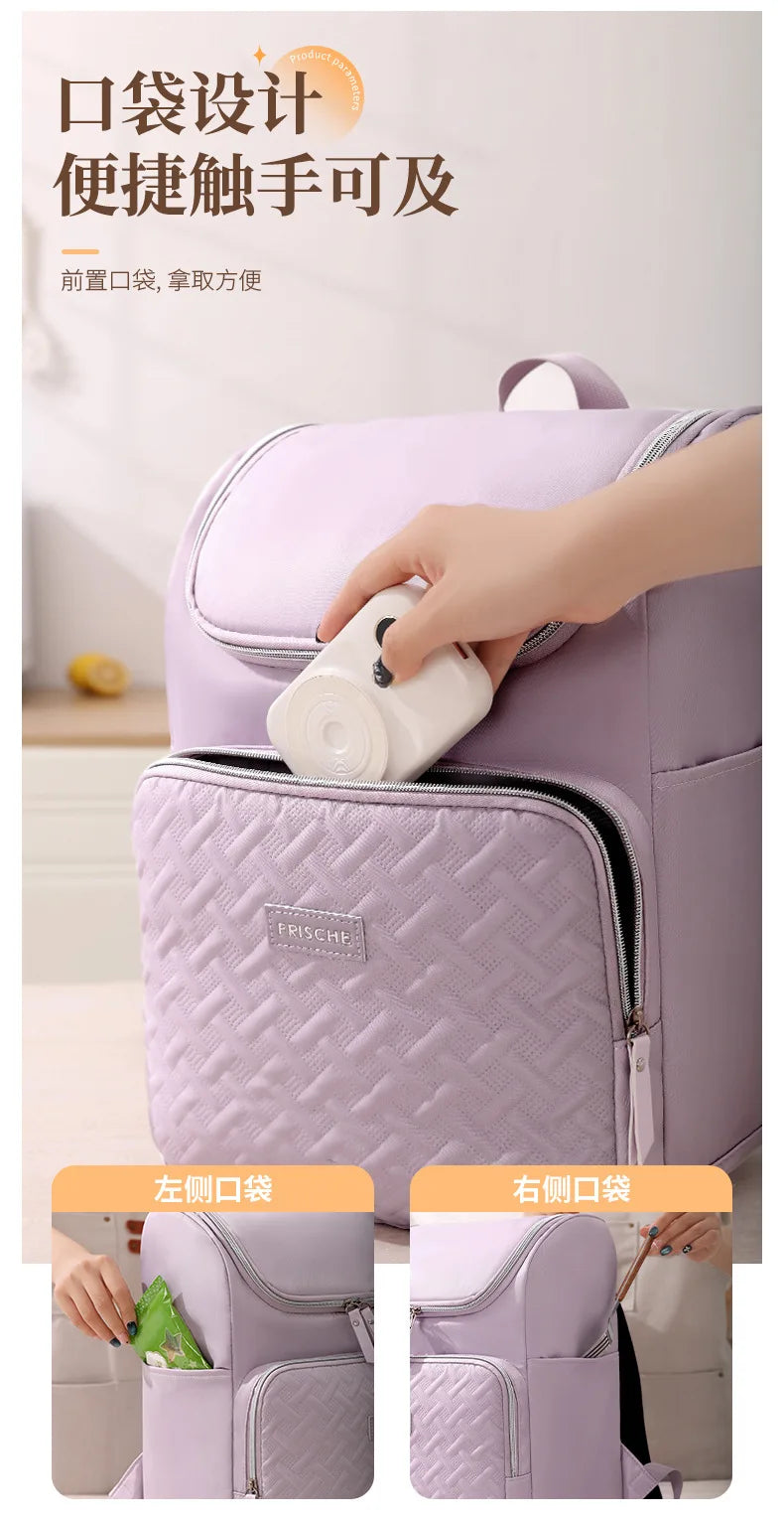 A purple insulated picnic cooler backpack being opened to show the front and side pockets.