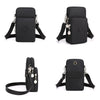 Black compact nylon crossbody phone bag with adjustable strap shown from multiple angles