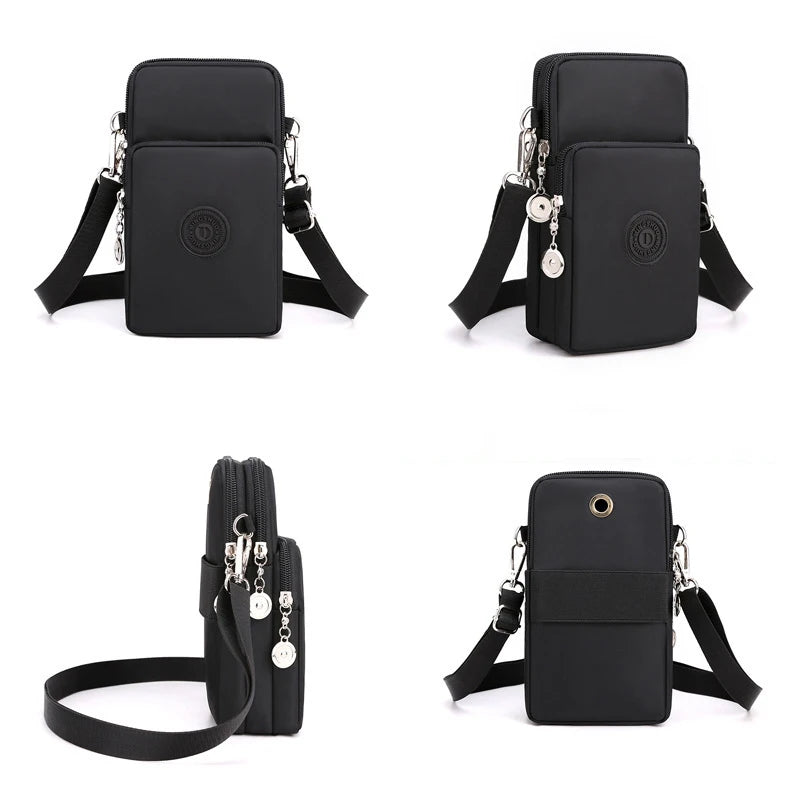 Black compact nylon crossbody phone bag with adjustable strap shown from multiple angles