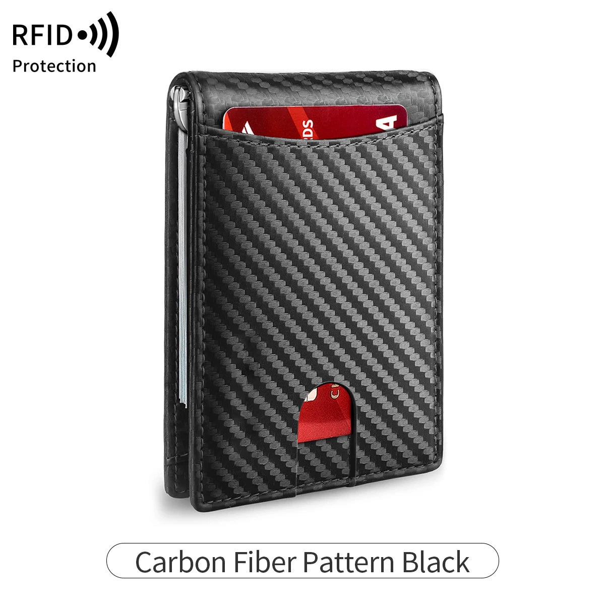 Black men's wallet with a carbon fiber pattern, featuring RFID protection.