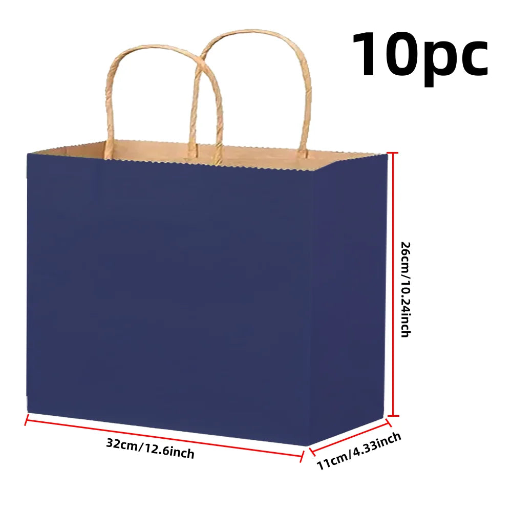 Ten reusable dark blue kraft paper gift bags with handles shown in a side view.
