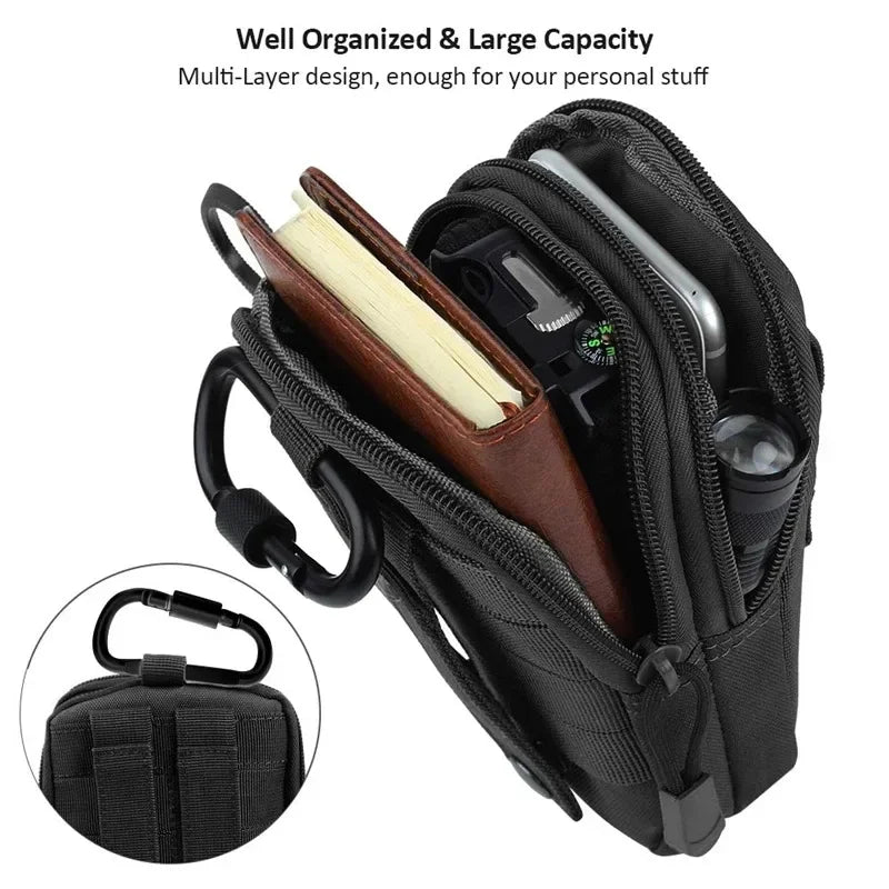 Black multi-layer tactical pouch designed for personal belongings and featuring a dedicated phone pocket.