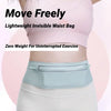 A woman wearing a light pink sports top and white leggings with a light blue waterproof waist pack.
