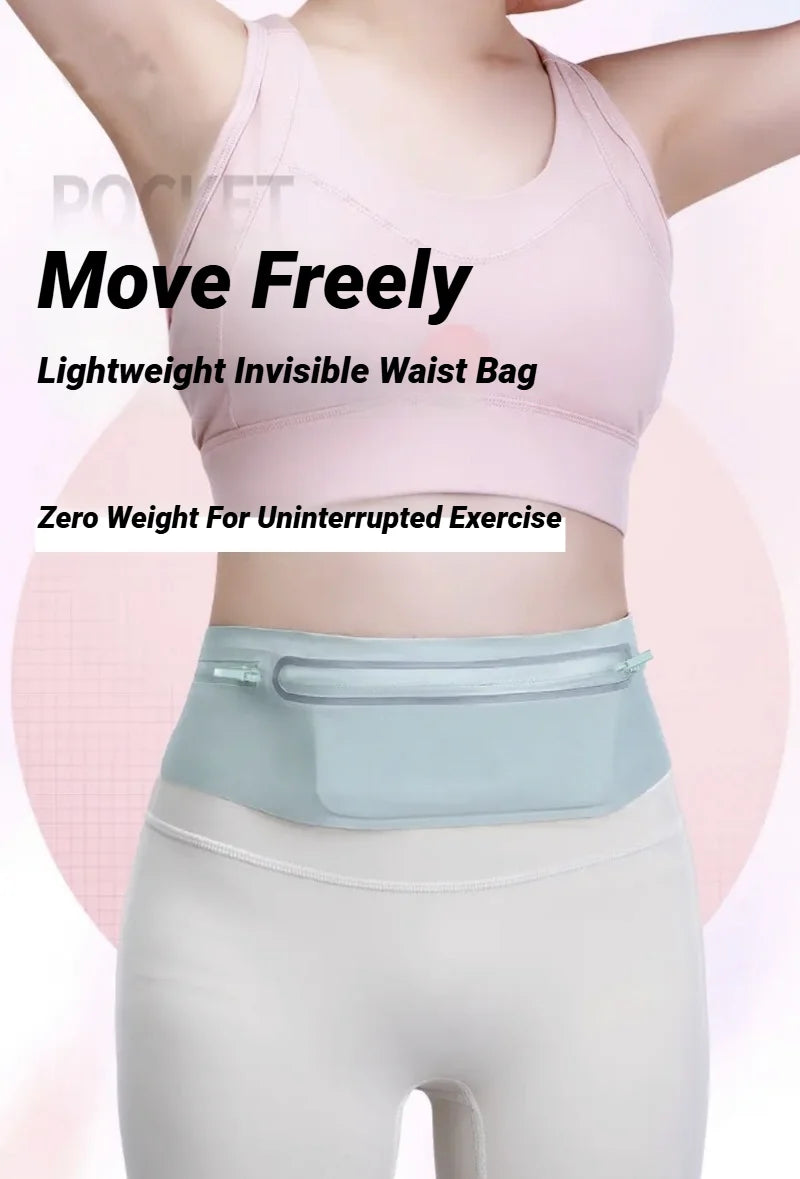 A woman wearing a light pink sports top and white leggings with a light blue waterproof waist pack.