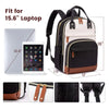 A black and beige women's fashion laptop backpack designed for a 15.6 inch laptop.