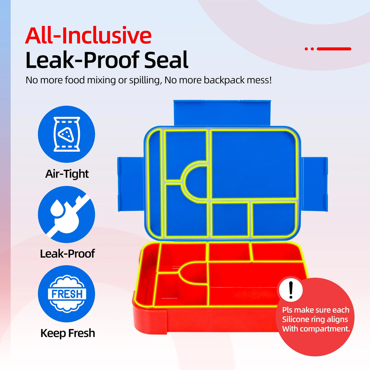 Blue and red portable kids lunch box with an all-inclusive leak-proof seal and divided compartments