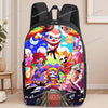A black backpack featuring colorful anime characters and vibrant artwork printed on the fabric.