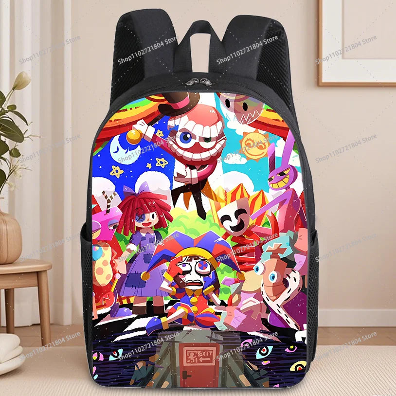 A black backpack featuring colorful anime characters and vibrant artwork printed on the fabric.