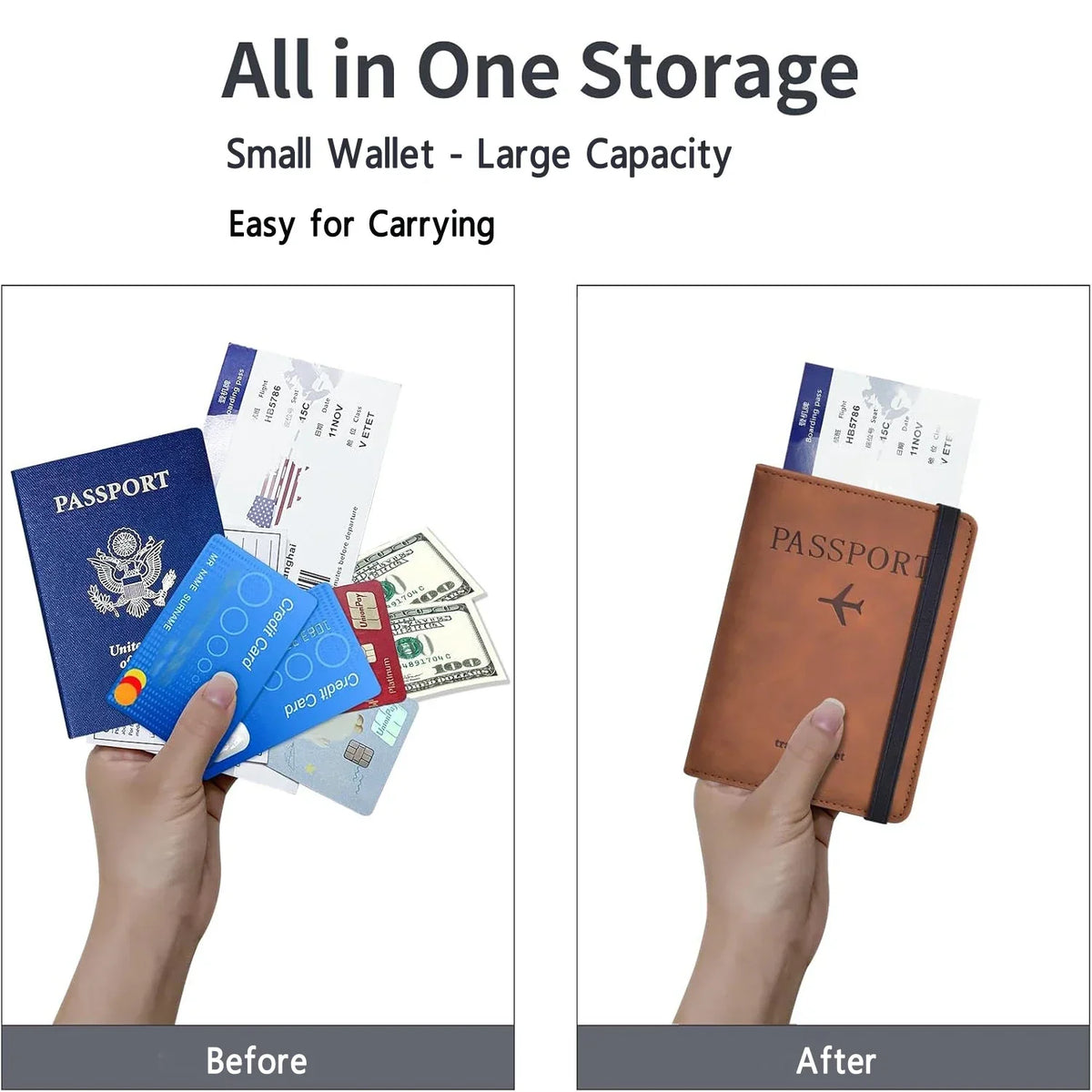 Before and after comparison showing a small wallet storage solution for passports and credit cards