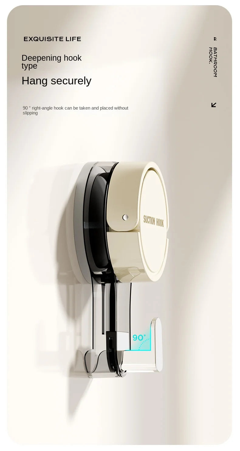 A close-up of a beige suction hook with a 90 degree angle, demonstrating how to hang securely on a smooth surface.