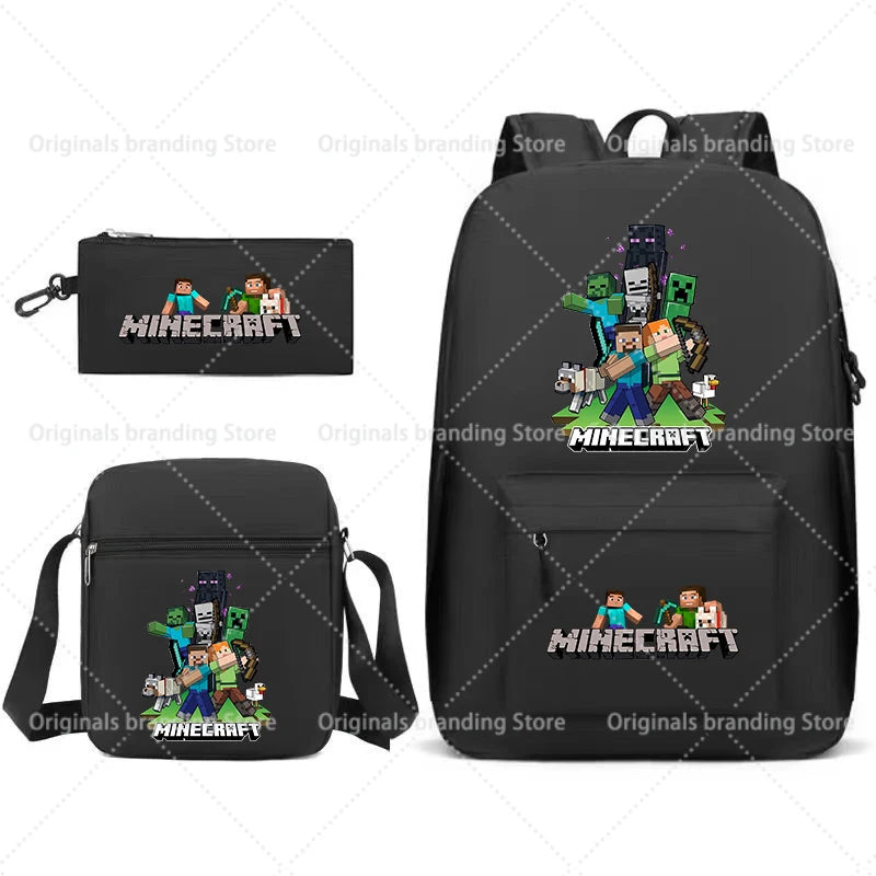 Black backpack featuring a Minecraft themed graphic and an attached zippered pouch.