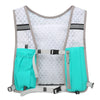 A gray and white adjustable hydration running vest with teal water bottles attached.