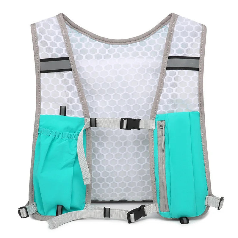 A gray and white adjustable hydration running vest with teal water bottles attached.