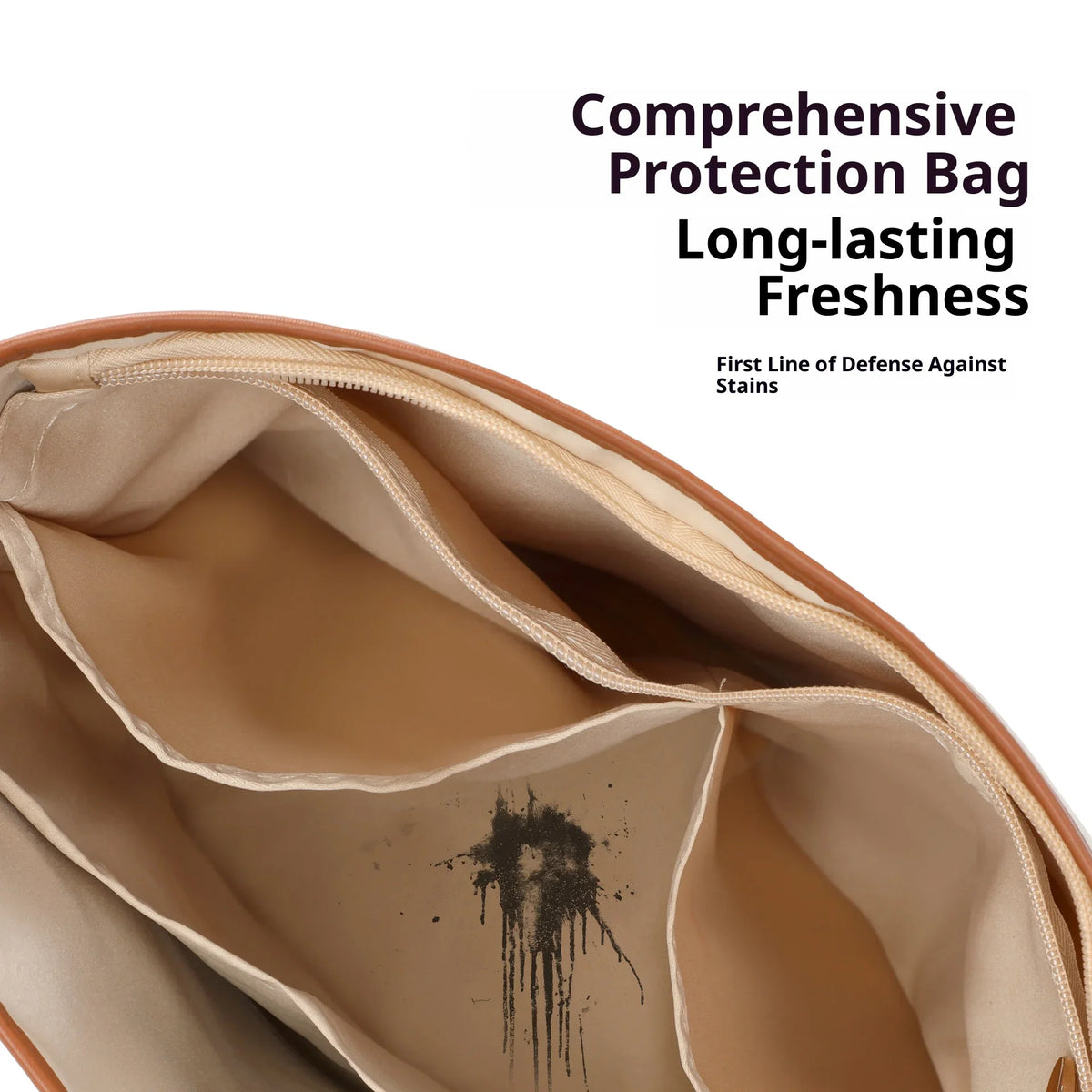 Close-up view of a tan satin protection bag showing a stain mark on the fabric.