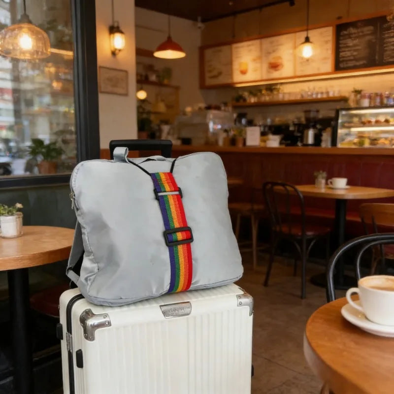 A grey fabric luggage strap with colorful stripes rests on top of a white suitcase in a cafe setting.