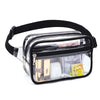 Clear stadium-approved waist pack with an adjustable black strap and various small items inside