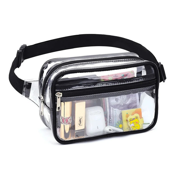 Clear stadium-approved waist pack with an adjustable black strap and various small items inside