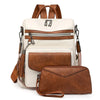A cream-colored retro PU leather travel backpack with brown accents and tassel details.