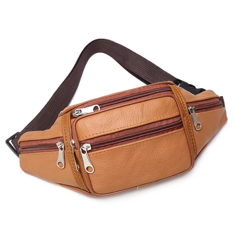 A tan men's PU leather waist pack with a brown adjustable strap.