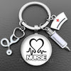 Silver keychain featuring a heart stethoscope charm and the word NURSE