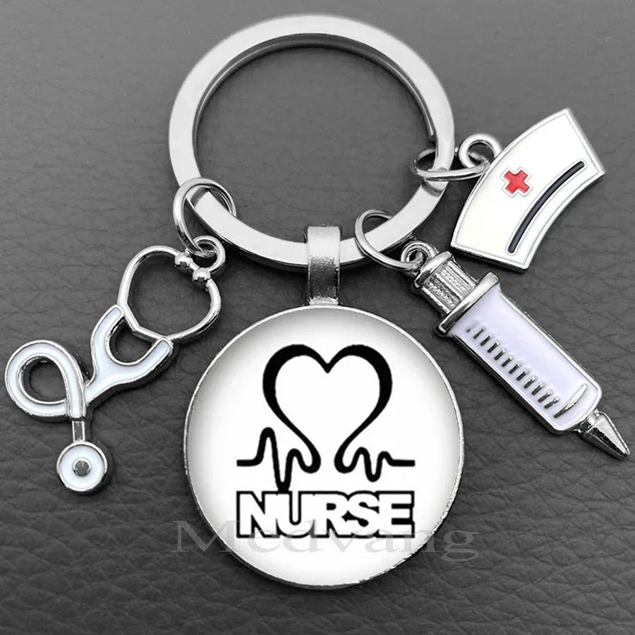 Silver keychain featuring a heart stethoscope charm and the word NURSE