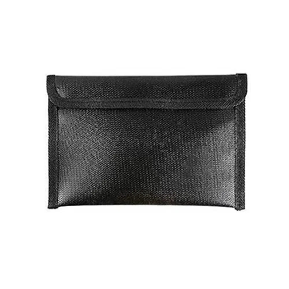 Black fireproof and waterproof document bag with signal blocking features.