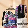 A purple and blue hip-hop street style backpack with black straps displayed on a white stand.