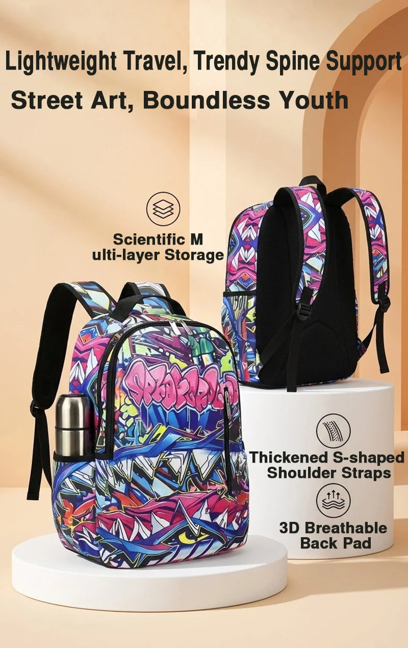 A purple and blue hip-hop street style backpack with black straps displayed on a white stand.