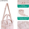 Pink quilted insulated lunch bag with two-way zippers and adjustable shoulder strap